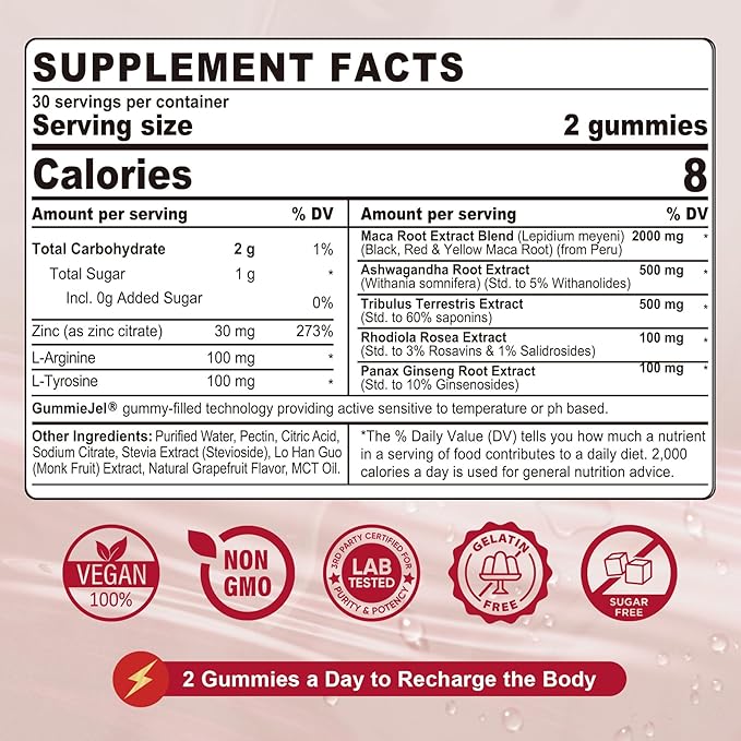 2 Pack Sugar Free Maca Root Gummies 2000mg with Ashwagandha, Tribulus Terrestris, Rhodiola, Panax Ginseng, L Arginine & L Tyrosine - Organic Black Red Yellow Maca Root for Women Men Energy Support
