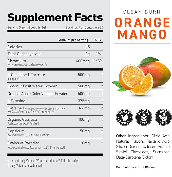 KAGED Clean Burn | Thermogenic Fat Burner Powder | CaloriBurn GP, L Carnitine, Coconut Water | Boost Metabolism, Energy, Focus | Orange Mango