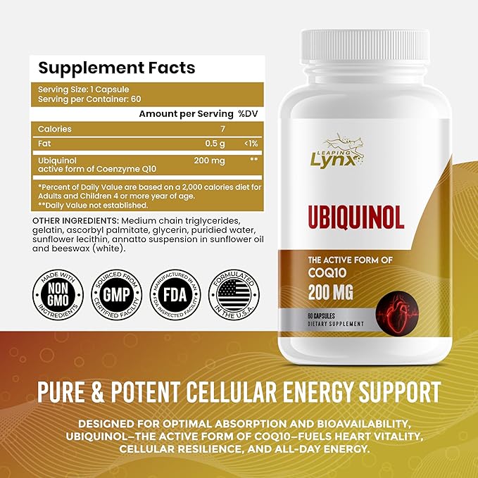 Ubiquinol CoQ10 200mg – High Absorption Active Coenzyme Q10 Supplement for Heart Health, Energy & Cellular Vitality | 60 Capsules, 60-Day Supply | Bioavailable Antioxidant Formula | Non-GMO