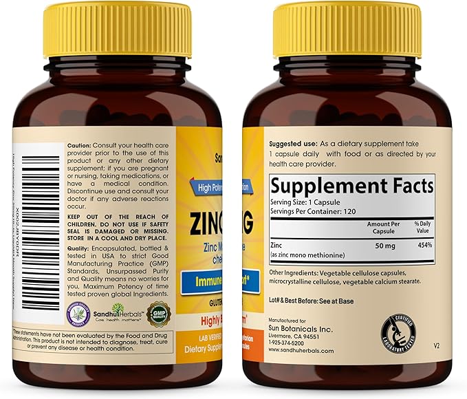 Zinc 50mg Capsules for Men and Women, 120 Count | Highly Absorbable Zinc Supplements for Immune System Support | Zink 50 mg Mono Methionine Chelated Complex |Helps with Skin Health & Overall Immunity