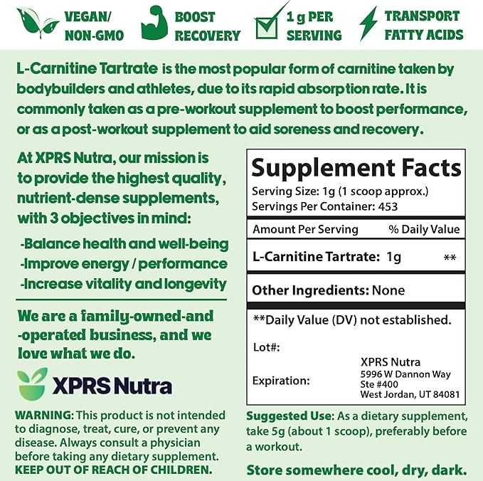 XPRS Nutra L Carnitine L Tartrate Powder - Premium Pure L Carnitine Tartrate - L-Carnitine Powder - Vegan Friendly Bulk L Carnitine - Amino Acid Supplement (16 Ounce)