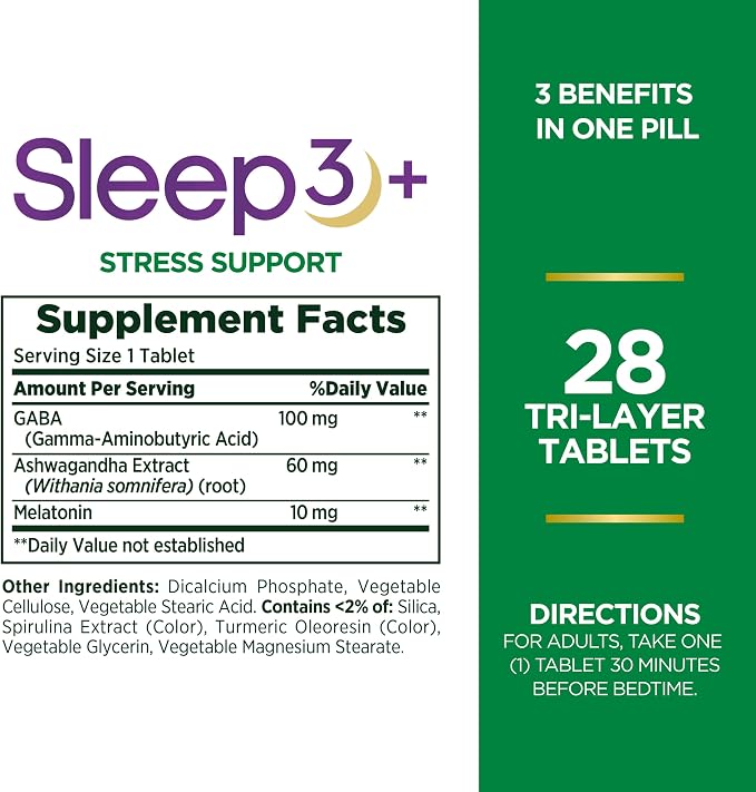 Nature's Bounty Sleep + Stress Support, Sleep3 Maximum Strength 100% Drug Free Sleep Aid, Dietary Supplement with Ashwagandha, Time Release Technology, 10mg, 28 Tri-Layered Tablets (Pack of 2)
