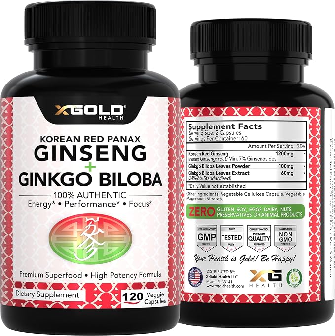 X Gold Health Korean Red Panax Ginseng + Ginkgo Biloba 7% Ginsenosides Extra Strength Energy, Memory, Focus & Brain Support Premium Supplement for Men & Women Non-GMO, 120 Vegan Capsules