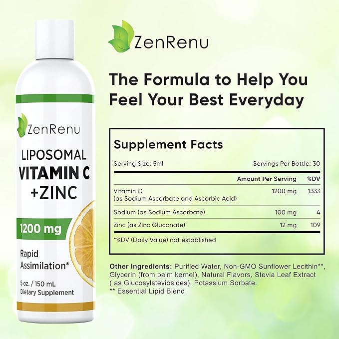 Zenrenu Liposomal Vitamin C and Zinc Liquid Drink for Adults & Kids - Non GMO Sunflower Lecithin - Max Antioxidant & Immune Support, 5 oz / 150 ml