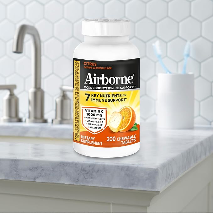 Airborne Citrus Chewable Tablets, 200ct | Immune Support Supplement with 1000mg Vitamin C + Vitamins A, D, E, Zinc,Selenium, & Manganese | Herbal Blend | Gluten Free