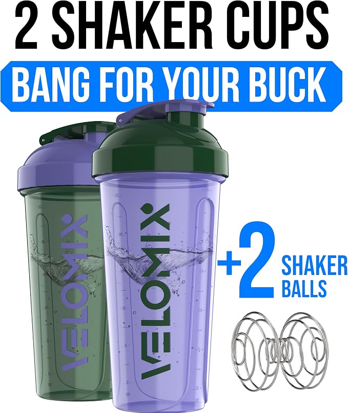 VELOMIX -2 Pack- 28 oz Protein Shaker Bottles for Protein Mixes - 2x Wire Whisk | Leak Proof Shaker Cups for Protein Shakes and Pre Workout | Protein Shaker Bottle Pack (C2) Green/Purple