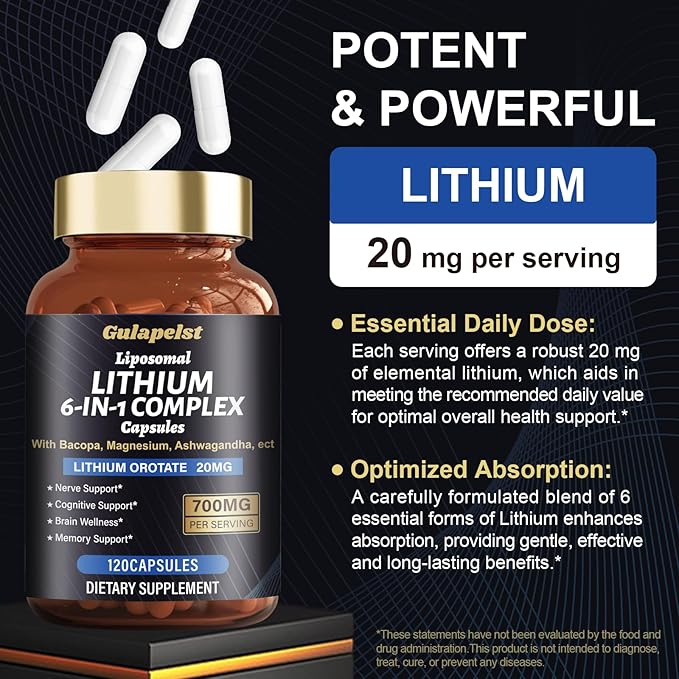 2 Packs Lisopomal Lithium Orotate Complex Capsules, Lithium Orotate 20 mg, Magnesium Glycinate & Ashwagandha, Brain Health Supplements for Cognitive, Mood & Memory – Non-GMO, 240 Vegan Capsules
