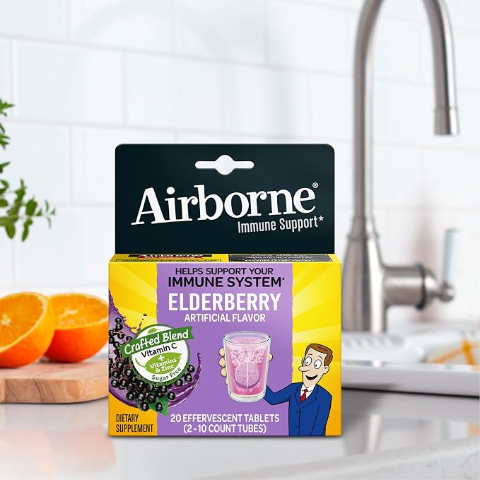 Airborne Elderberry + Zinc & Vitamin C Effervescent Tablets, Immune Support Supplement with Powerful Antioxidant Vitamins A C E, 20 Fizzy Drink Tablets, Elderberry Flavor
