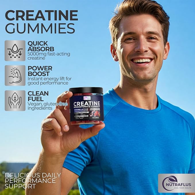 Creatine Monohydrate Gummies 8000mg per Serving for Men & Women – Creatine Gummies with BCAA, Taurine, L-Carnitine & Vitamin B12 – Made in USA, Vegan, Gluten Free, Berry Flavor, 120 Count