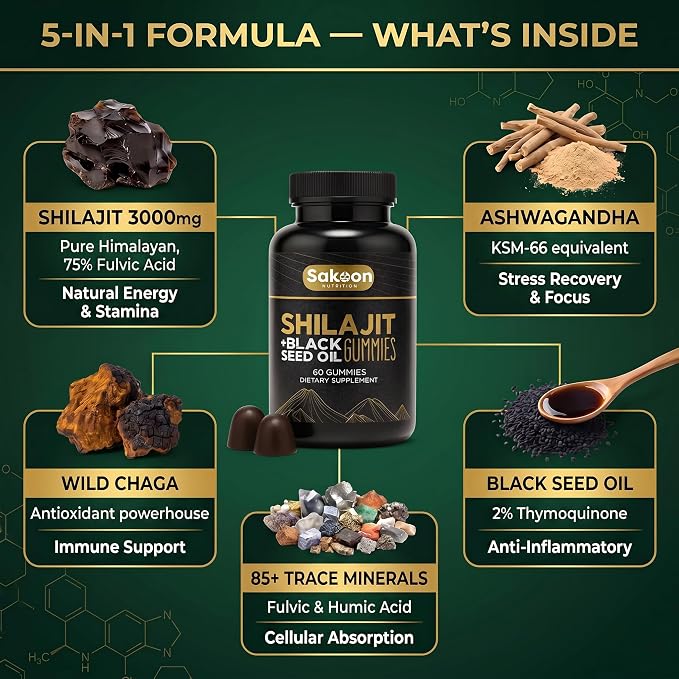 Pure Shilajit Gummies for Men & Women, Shilajit with Black Seed Oil, High Potency Pure Himalayan Resin for Energy, Immune Support, and Cognitive Function, Lab Tested Chewables