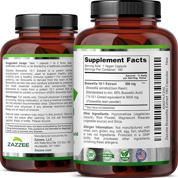 Zazzee Extra Strength Boswellia 10:1 Extract, 65% Boswellic Acid, 180 Vegan Capsules, 6 Month Supply, Boswellia Serrata, Joint Comfort, Mobility & Flexibility Support, Non-GMO, Made in the USA