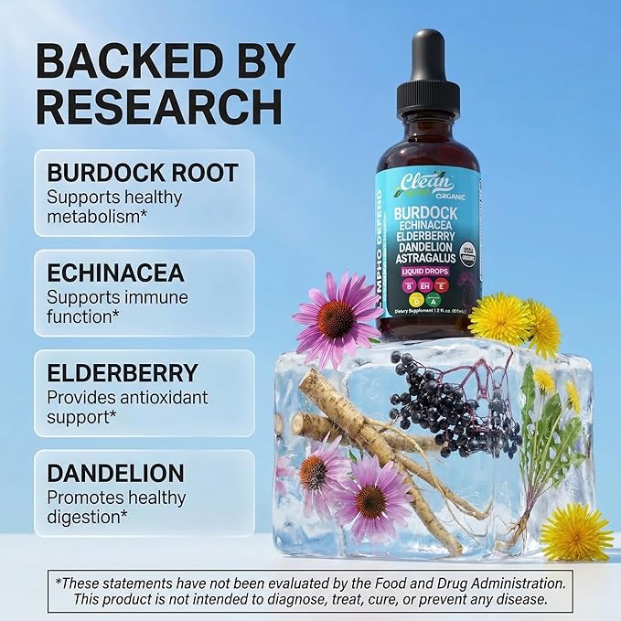 Organic Lymphatic Drainage Supplement | Lymphatic Support Drops | Burdock Root Echinacea Elderberry Dandelion Astragalus Milk Thistle Sea Moss Red Clover Cleanse Marigold Drop By Clean Nutra