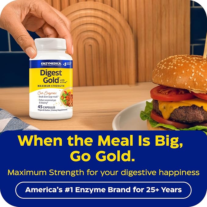 Enzymedica Digest Gold + ATPro, Maximum Strength Digestive Enzymes, Helps Digest Large Meals for Instant Bloating Relief, 45 Count