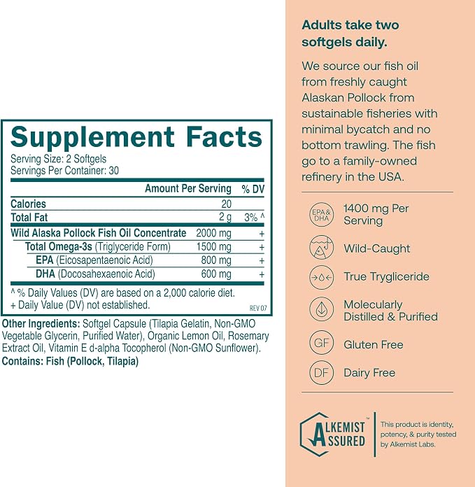 True Grace Omega-3 Fish Oil - 60 Softgels - 1400 mg EPA + DHA - Brain, Heart, Joint & Immune Health - Organic, Gluten Free, Soy Free