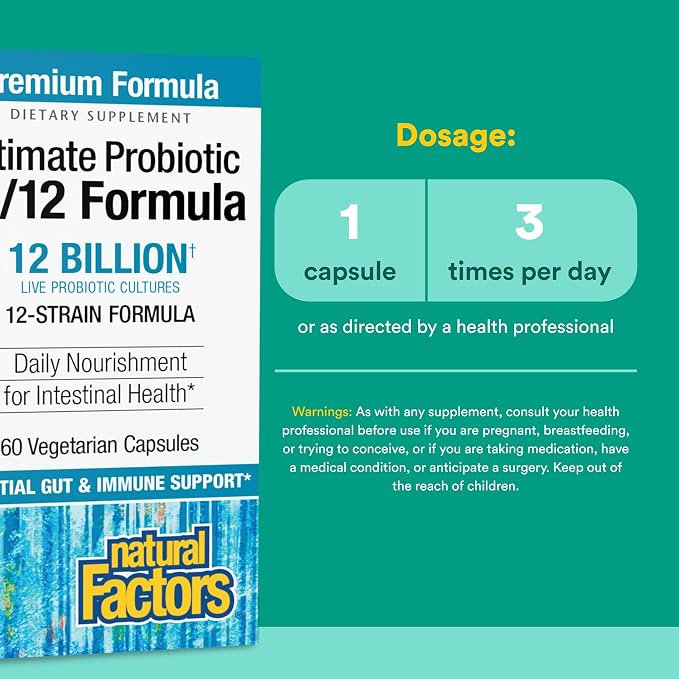 Natural Factors Ultimate Probiotic 12/12 Formula - Digestive Health Support Supplement with Probiotics - Immunity & Gut Health Support Supplement - 60 Vegetarian Capsules (60 Servings)