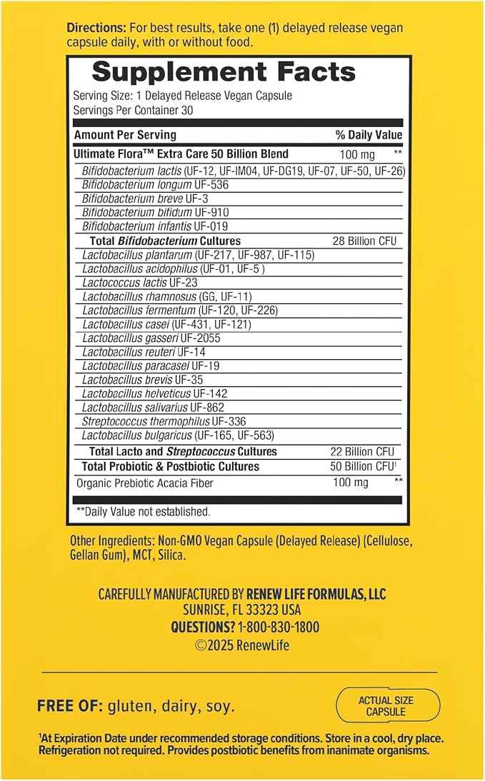 Renew Life Extra Care Go-Pack Probiotic Capsules, Daily Supplement Supports Immune, Digestive and Respiratory Health, L. Rhamnosus GG, Dairy, Soy and gluten-free, 50 Billion CFU, 30 Ct