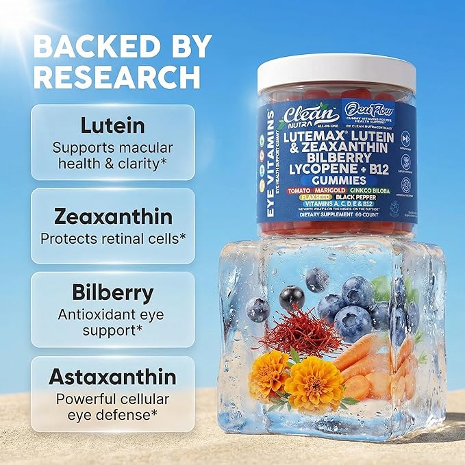 Clean Nutra Lutein and Zeaxanthin Eye Vitamins Gummies + Bilberry for Eyes Vision Support Ginkgo Biloba Marigold, Vitamin B12 Flaxseed Black Pepper CoQ10 Vitamin A l 60 Count B OcuFlow