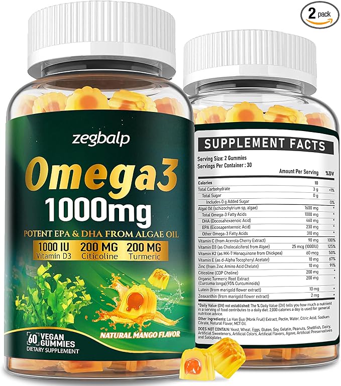 Omega-3 Supplement Gummies for Women & Men - 1000mg Vegan Omega3 DHA & EPA with Turmeric, Vitamin D3, K2, Citicoline for Overall Health - Algae Oil Omega 3 Fatty Acid Supplements, Sugar-Free