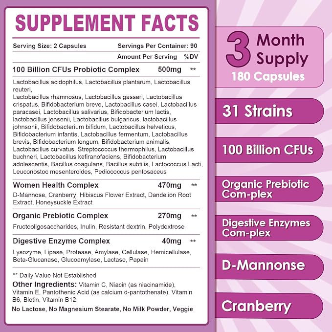NATURE TARGET Probiotics for Women, 100 Billion CFUs Probiotic with Digestive Enzymes & Prebiotics, Vaginal Probiotics with Cranberry for Urinary Tract Health, pH Balance, 180 Veggie Capsules