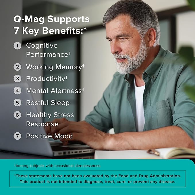 Qunol Q-Mag Magnesium L-Threonate Tablets, 2000mg of Magtein to Help Support Cognitive Performance, Improve Mental Alertness & Productivity, Supports Restful Sleep, High Absorption, 60 Count