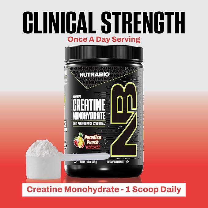 NutraBio Pure Micronized Creatine Monohydrate Powder Supplement,Paradise Punch,(300g)-Supports Bulk Muscle Energy, Recovery, and Strength-HPLC Tested Creatine Powder Supplement for Men and Women