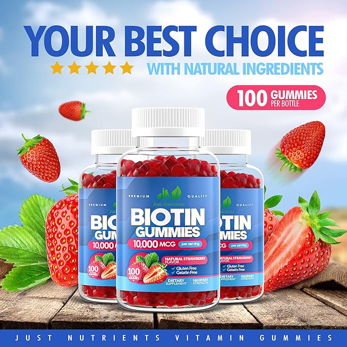 Biotin 10,000mcg Gummies for Hair Growth, Skin & Nails (100 Count) - 2x Maximum Strength Biotin Vitamins for Women & Men - Gluten-Free, Vegan, Non-GMO, Great Tasting Strawberry Flavor - 100 Gummies