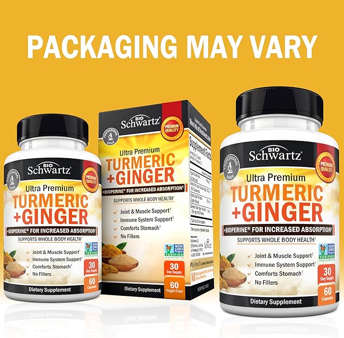 Turmeric Curcumin and Ginger Supplement - 95% Standardized Curcuminoids with BioPerine Black Pepper Extract for Ultra High Absorption - Natural Joint Support Supplement - Gluten-Free - 60 Capsules