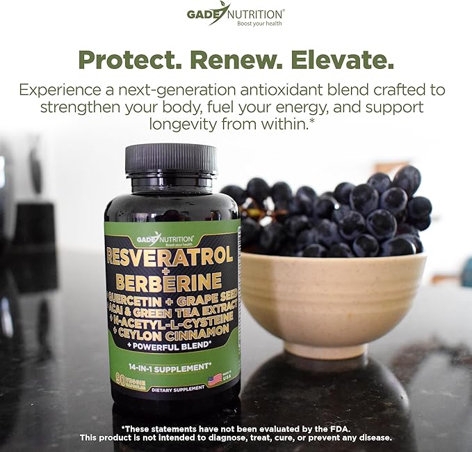 Gade Nutrition Resveratrol Berberine Quercetin Grape Seed Extract Green Tea Extract N-Acetyl Cysteine - 14 in 1 Complex Supplement for Women & Men with Potent Antioxidants - Made in USA