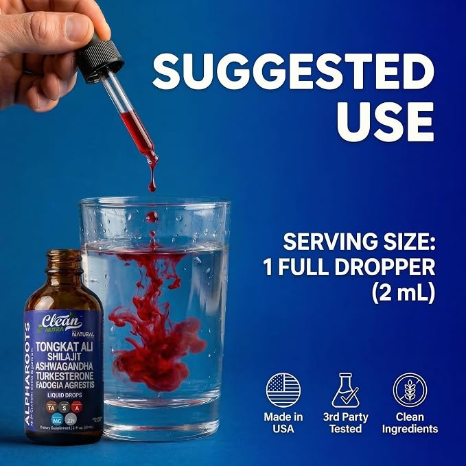 Tongkat Ali Liquid Drops Shilajit, Ashwagandha, Turkesterone, Fadogia Agrestis, Magnesium, Irish Sea Moss, and Zinc Herbal Supplement by Clean Nutra