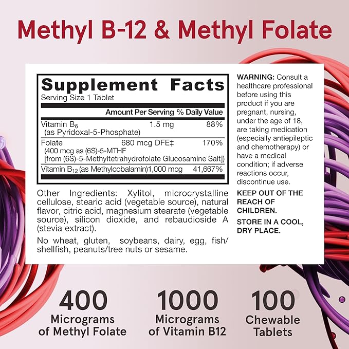 Jarrow Formulas Methyl B-12 & Methyl Folate, Bioactive Vitamin B9 & Vitamin B12 Supplement, Supports Cellular Energy Production, Healthy Brain Function & Metabolism, 100 Chewable Tablets, 100 Servings