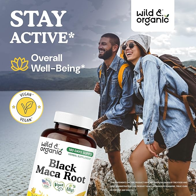 Wild & Organic Black Maca Root Capsules for Men & Women 500 mg - Overall Support for Men & Women - Vegan Maca Powder Supplement - 180 Days Supply - Non-GMO, No Fillers, Gluten-Free - 180 Count