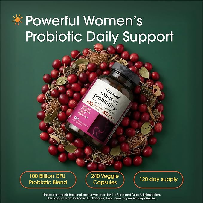 NatureBell Women's Probiotics+ - 240 Vegetarian Capsules - Prebiotic, Probiotic, Postbiotic & Digestive Enzymes - Made with Cranberry, D-Mannose, Inositol & More
