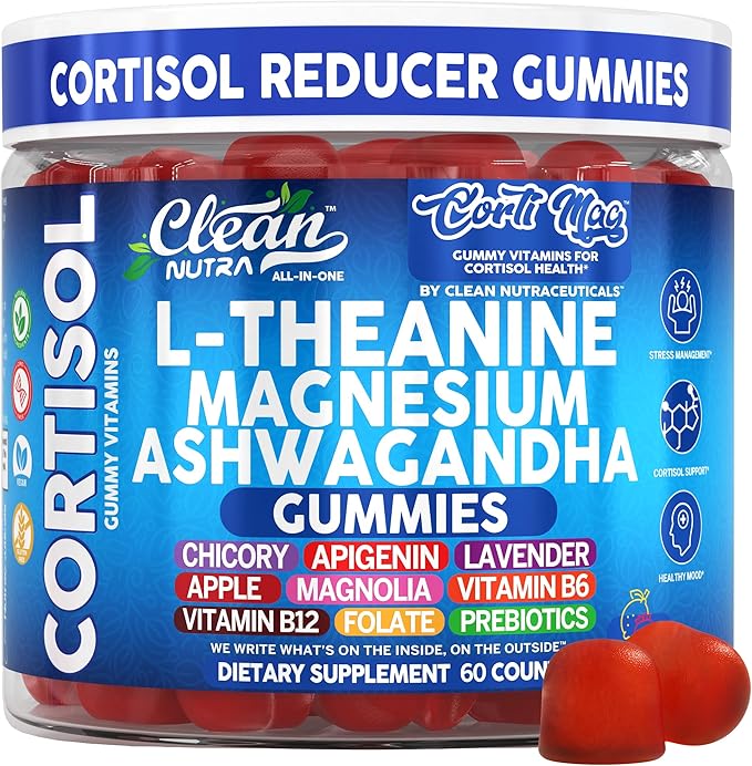 Clean Nutra Cortisol Supplement Gummies L-Theanine Magnesium Ashwagandha Apigenin Vitamin B6 Sleep and Calm Support Lavender Chicory Prebiotic Advanced Gummy Formula