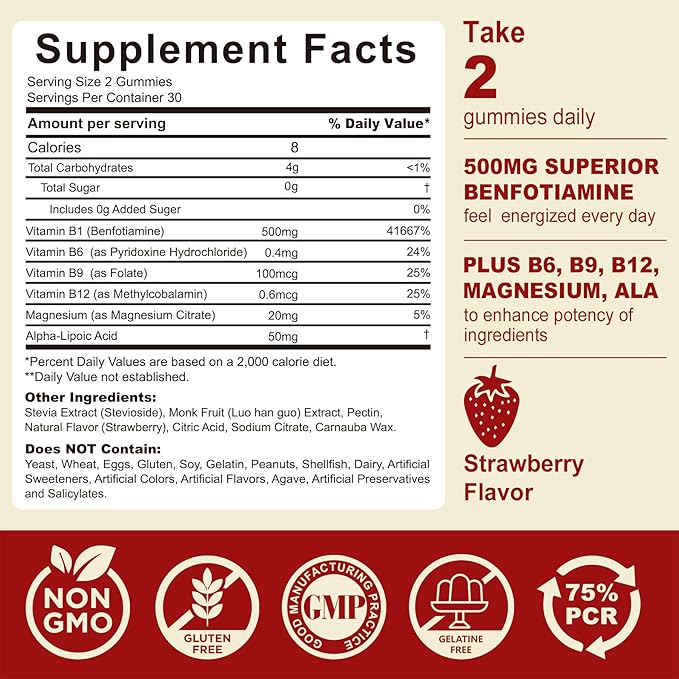 Vitamin B1(Benfotiamine) Gummies 500mg – B1 B6 B12 Vitamins with Magnesium for Energy Metabolism, Healthy Nervous System – Chewable B Complex for Adults & Kids - Vegan, Sugar Free, 60 Ct