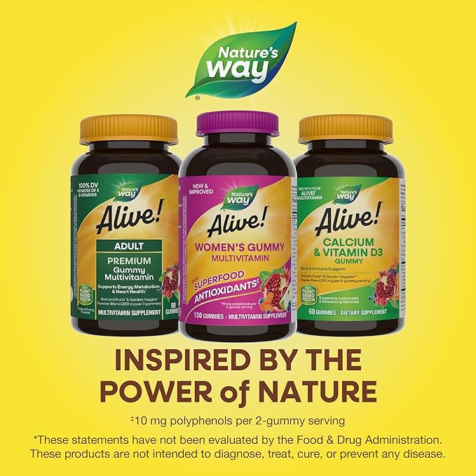 Nature's Way Alive! Women's Daily Gummy Multivitamins, 16 Vitamins & Minerals, Energy Metabolism*, Hair Skin & Nails*, Vegetarian, Mixed Berry Flavored, 130 Gummies (Packaging May Vary)