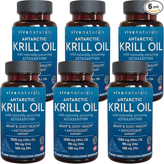 Viva Naturals Antarctic Krill Oil 1250 mg, Omega 3 EPA DHA and Astaxanthin, Joint Support and Brain Supplement with Antioxidant Properties, No Fishy Aftertaste (Pack of 6)