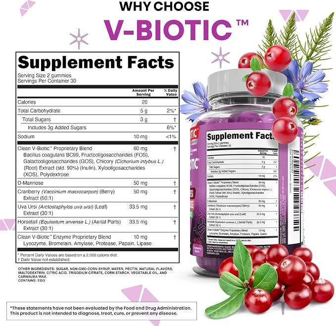 Clean Nutra Vbiotic Gummies, Cranberry, Horsetail, D-Mannose, UVA-Ursi, Probiotic Blend, Enzyme Blend, 60 Count (2)