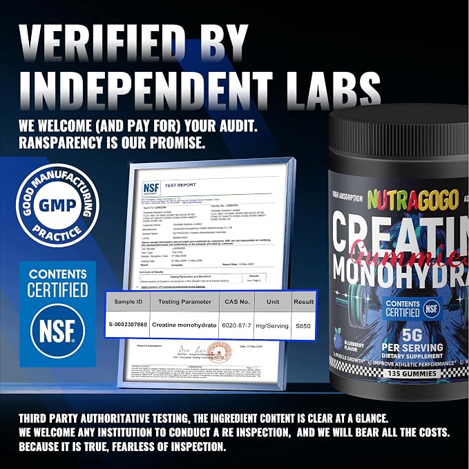 NSF Certified Creatine Gummy - Creatine Monohydrate Gummies for Men & Women-5g of Creatine Monohydrate per Serving - Sugar Free,Vegan, Blueberry Electrolyte Chews, 135 Count