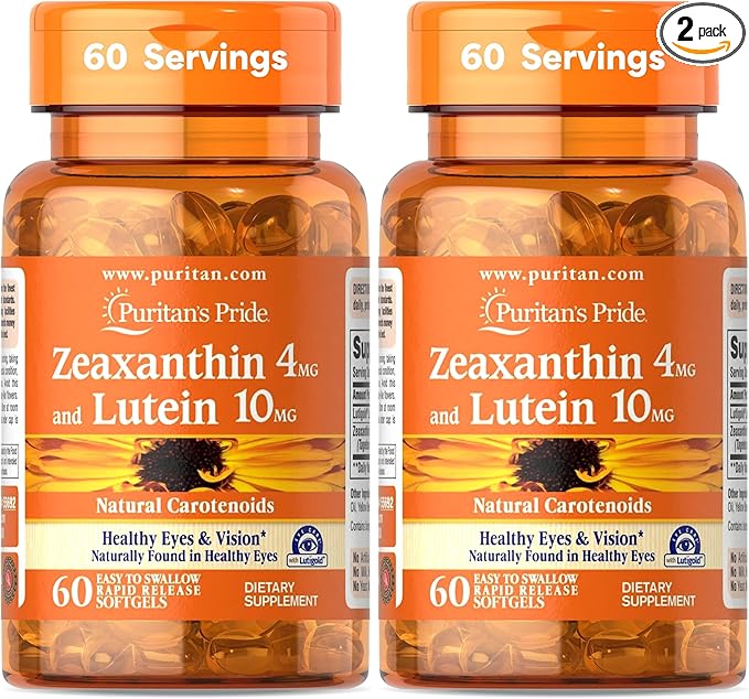 Puritan's Pride Zeaxanthin 4mg with Lutigold™ Lutein 10mg Carotenoids, Dietary Supplement for Healthy Eyes and Vision, 60 Easy-to-Swallow Rapid Release Softgels (Pack of 2)
