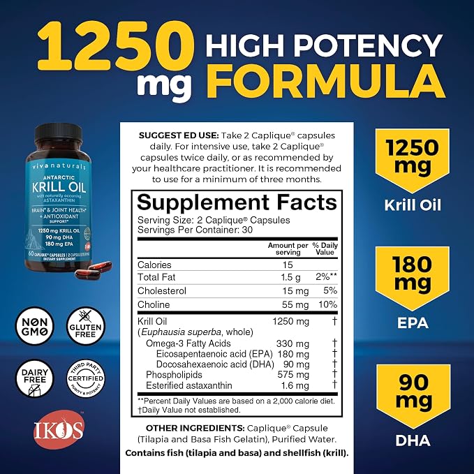 Viva Naturals 1250 mg Antarctic Krill Oil and 2,500 mg Triple-Strength Omega-3 Fish Oil Bundle, Providing Omega-3 EPA and DHA