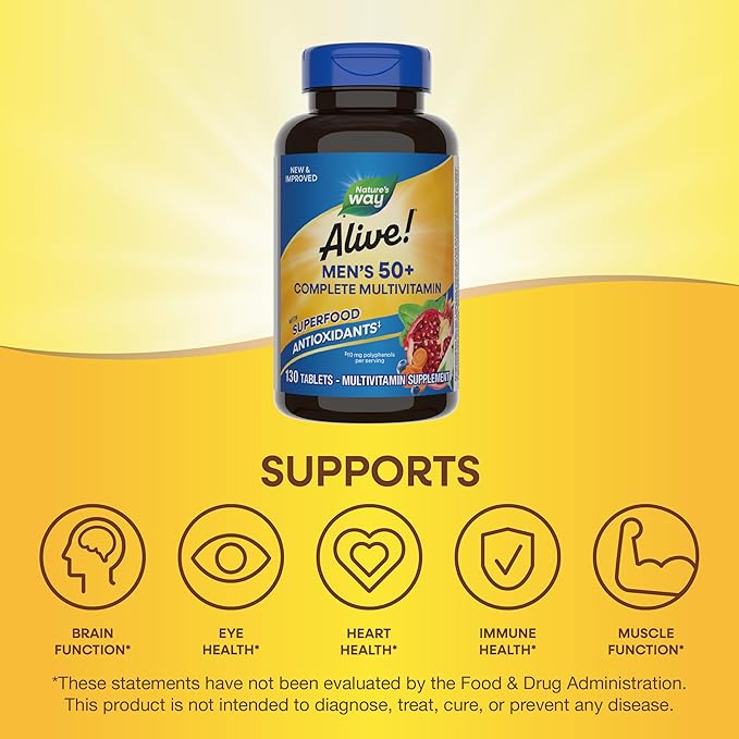 Nature’s Way Alive! Men’s 50+ Complete Multivitamin, Supports Multiple Body Systems*, Supports Cellular Energy*, High Potency B-Vitamins, Gluten-Free, 130 Tablets (Packaging May Vary)