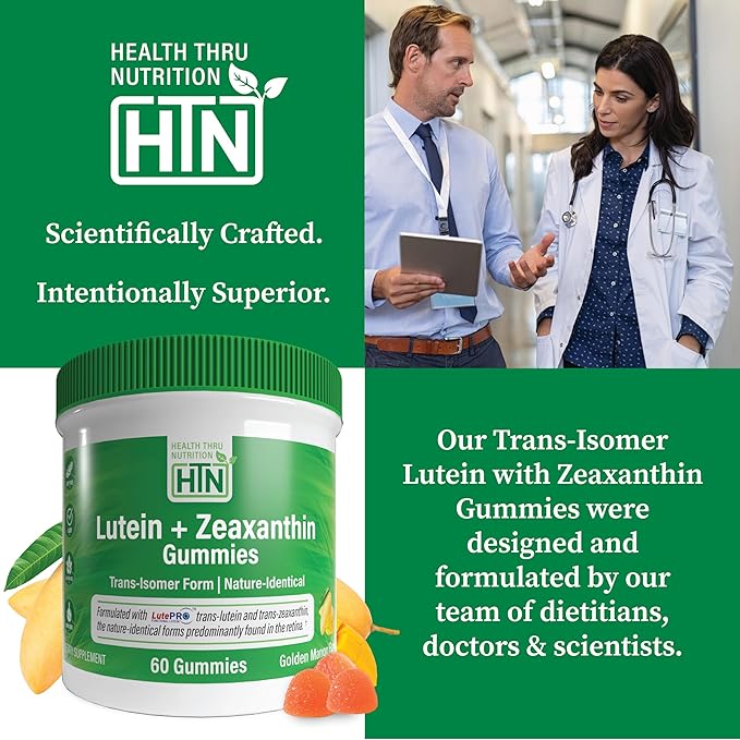 Health Thru Nutrition Lutein + Zeaxanthin Gummies | Trans-Isomer Form | 20mg Lutein & 4mg Zeaxanthin Trans-isomers | Golden Mango Flavor | Eye Support | Non-GMO, Vegan| 60 Gummies