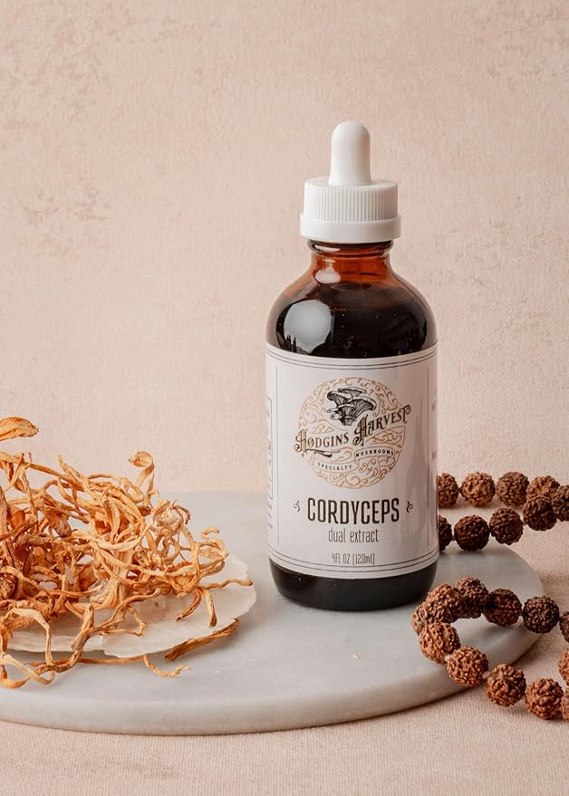 Hodgins Harvest Organic Cordyceps Mushroom Fruiting Body Extract Tincture - Extra Concentrated Dual Extract Supplement - Mushrooms for Energy Support - USDA Certified Organic - 4 fl oz