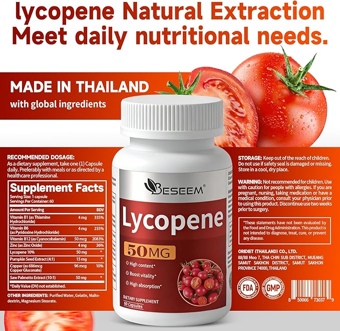 Men‘s Lycopene Softgels with Saw Palmetto & Pumpkin Seed Oil – Prostate Health Support & Nutrient Complex with Zinc, Vitamin B6, B12, Copper – 60 Capsules