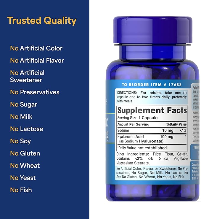 Puritans Pride Hyaluronic Acid 100mg, Dietary Supplement for Skin Hydration, 60 Rapid Release Capsules