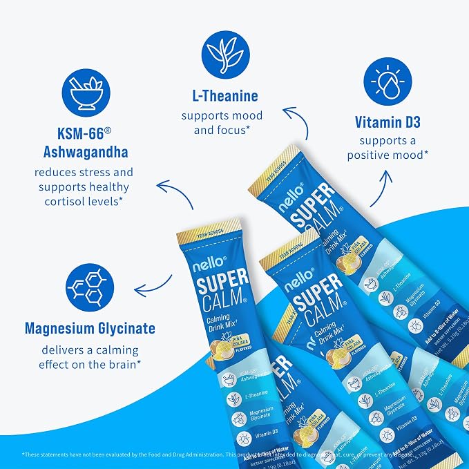 Nello Supercalm Powdered Drink Mix, Cortisol Reducer* and Sleep Aid Supplement, L Theanine, Ksm-66 Ashwagandha, Magnesium Glycinate, Vitamin D 3, No Sugar, Non GMO, On The Go, 20 Ct, Pina Colada