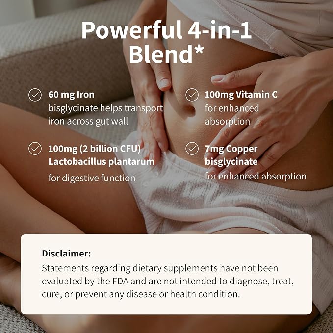 Nourished Natural Health ProbIron - Women's Probiotic + Iron Supplement Boosted with Vitamin C and Copper - Vegan Formula for Energy and Digestive Wellness - 60 Capsules