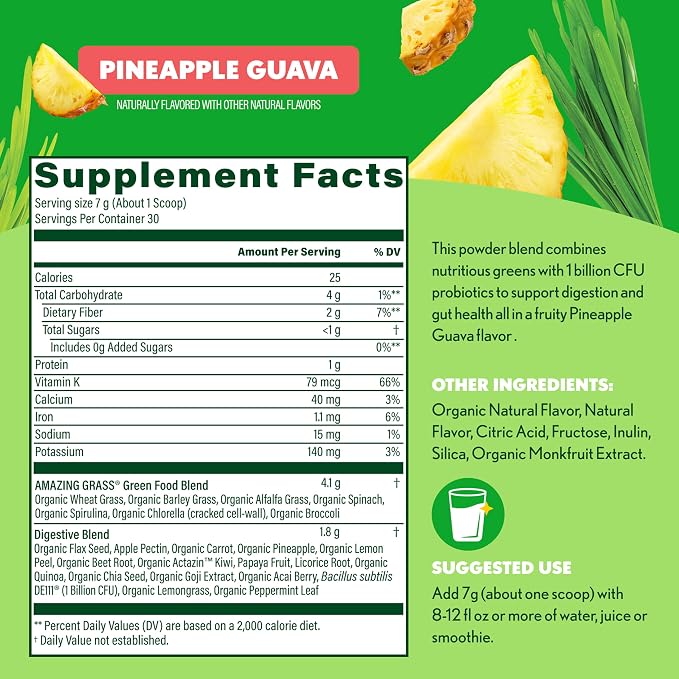 Amazing Grass Greens Blend Digest: Super Greens Powder Smoothie Mix for Digestion Support with Organic Spirulina, Chlorella, Beet Root Powder, Digestive Enzymes & Probiotics, 30 Servings