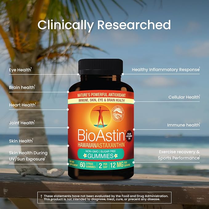 Nutrex Hawaii BioAstin Hawaiian Astaxanthin - 12mg, 60 Gummies - Farm-Direct Premium Antioxidant Supplement to Support Eye, Skin, Joint & Immune System Health - Non-GMO & Gluten-Free