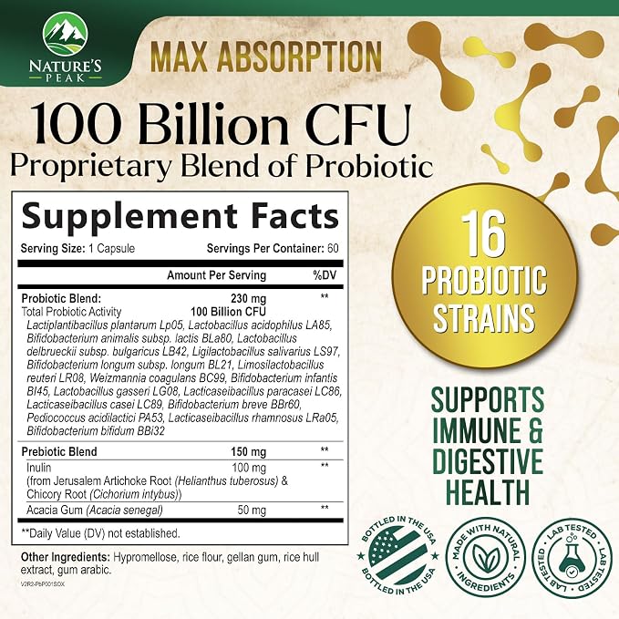 Probiotics 100 Billion CFU Per Serving - 16 Premium Probiotic Strains Prebiotics - Immune Support, Gut Health, Occasional Constipation, Gas & Bloating, Probiotics Supplement, USA Bottled, 60 Capsules